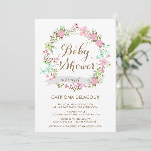 Floral Wreath Baby shower Invitation Kaart (Staand voorkant)