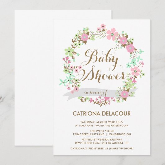 Floral Wreath Baby shower Invitation Kaart (Voorkant / Achterkant)