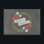 Floral Wreath & Banner Chalkboard Geïnspireerd RSV RSVP Kaartje<br><div class="desc">Een trouwrsvp met een afbeelding van rode en blauwe bloemen en groen in een cirkel met een banner in het midden voor namen. Achtergrond is het karton geïnspireerd.  Zoek naar huwelijksuitnodigingen en nog veel meer op Jill's Paperie.</div>