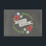 Floral Wreath & Banner Chalkboard Geïnspireerd RSV RSVP Kaartje<br><div class="desc">Een trouwrsvp met een afbeelding van rode en blauwe bloemen en groen in een cirkel met een banner in het midden voor namen. Achtergrond is het karton geïnspireerd.  Zoek naar huwelijksuitnodigingen en nog veel meer op Jill's Paperie.</div>