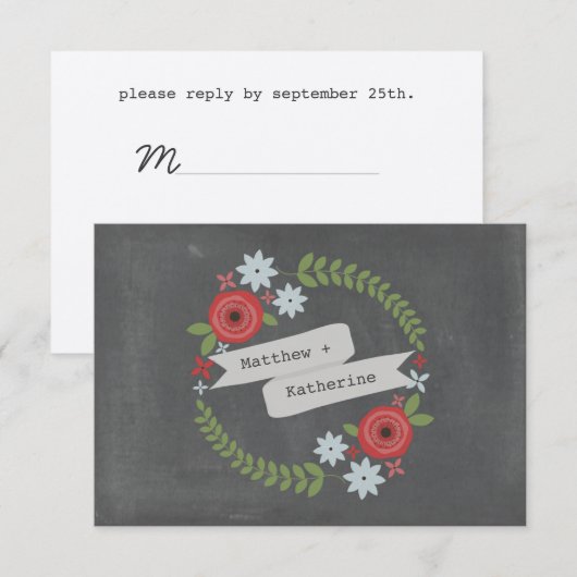 Floral Wreath & Banner Chalkboard Geïnspireerd RSV RSVP Kaartje (Voorkant / Achterkant)