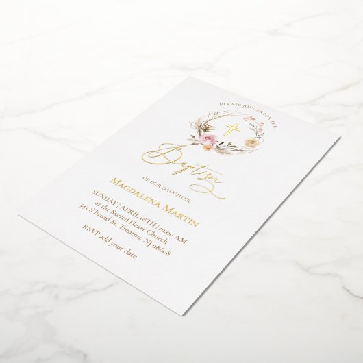 floral wreath Baptism  Folie Uitnodiging (Gedraaid)