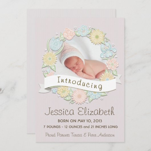 Floral Wreath Birth Anncouncement Aankondiging (Voorkant / Achterkant)