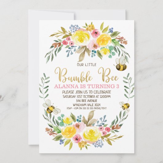 Floral Wreath Bumble bee Birthday Invitation Kaart (Voorkant)