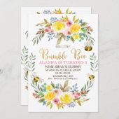 Floral Wreath Bumble bee Birthday Invitation Kaart (Voorkant / Achterkant)