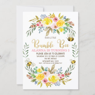 Floral Wreath Bumble bee Birthday Invitation Kaart