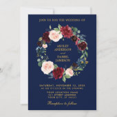 Floral Wreath Burgundy Blue Gold Wedding B Kaart (Voorkant)