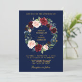 Floral Wreath Burgundy Blue Gold Wedding B Kaart (Staand voorkant)
