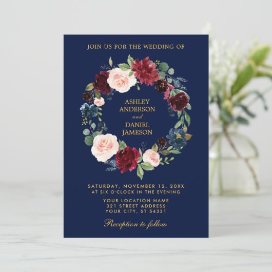 Floral Wreath Burgundy Blue Gold Wedding B Kaart (Staand voorkant)