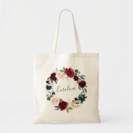 Floral Wreath Burgundy en Navy Blue Tote Bag