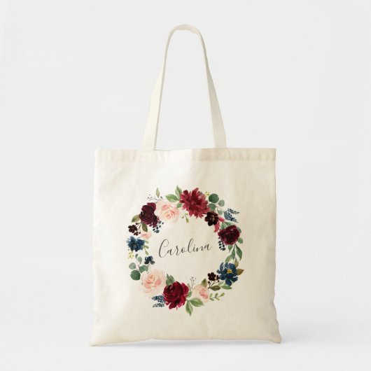 Floral Wreath Burgundy en Navy Blue Tote Bag (Voorkant)