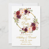 Floral Wreath Burgundy Gold redt de datum Save The Date (Voorkant)