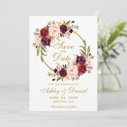Floral Wreath Burgundy Gold redt de datum Save The Date (Staand voorkant)