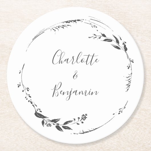 Floral Wreath Calligraphy Custom Wedding White Ronde Kartonnen Onderzetter (Voorkant)