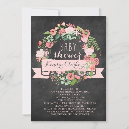 FLORAL WREATH CHALKBOARD | BABY SHOWER INVITATIE KAART (Voorkant)
