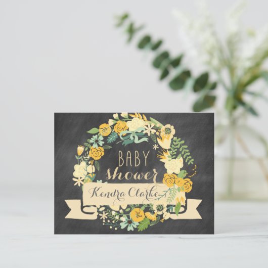 FLORAL WREATH CHALKBOARD | BABY SHOWER INVITATIE UITNODIGING BRIEFKAART (Staand voorkant)
