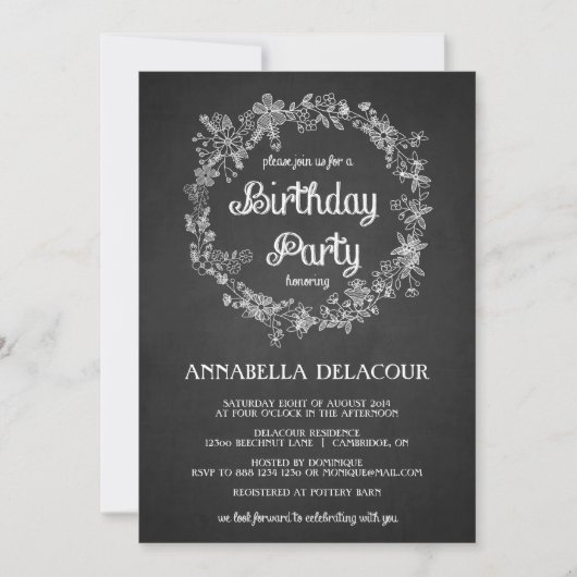 Floral Wreath Chalkboard Birthday Party Invitation Kaart (Voorkant)