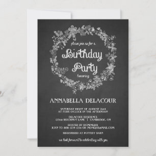 Floral Wreath Chalkboard Birthday Party Invitation Kaart
