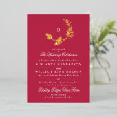 Floral Wreath Classic Monogram Red Magenta Wedding Folie Uitnodiging (Staand Voorkant)