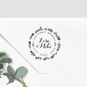 Floral Wreath Couple Names Wedding Return Address Rubberstempel