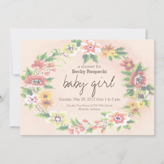 Floral Wreath Cross-stitch Baby shower Invitation Kaart (Voorkant)