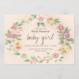 Floral Wreath Cross-stitch Baby shower Invitation Kaart