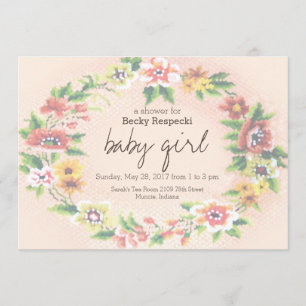 Floral Wreath Cross-stitch Baby shower Invitation Kaart