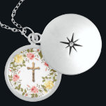 Floral Wreath Crucifix gele roze rozen Locket Ketting<br><div class="desc">Pastel Yellow and Pink Roses op de lente met de gouden krop -</div>