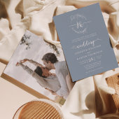 Floral Wreath Dusty Blue Monogram Foto Weduwschap Kaart