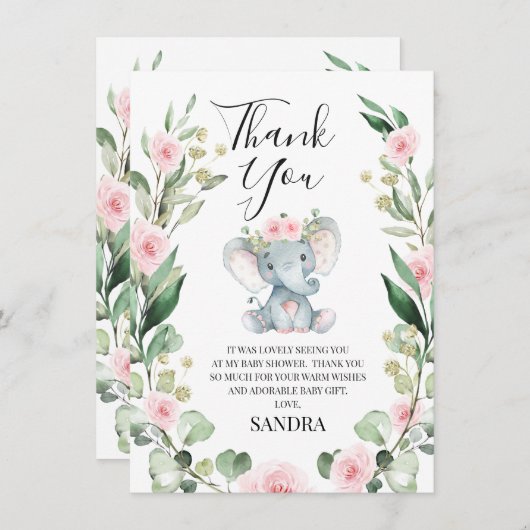 Floral Wreath Elephant Baby shower Hartelijk dank Kaart (Voorkant / Achterkant)
