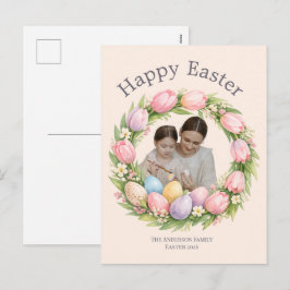 Floral Wreath & Family Photo Personalized Easter  Feestdagenkaart