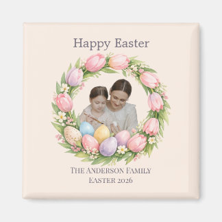 Floral Wreath & Family Photo Personalized Easter  Magneet