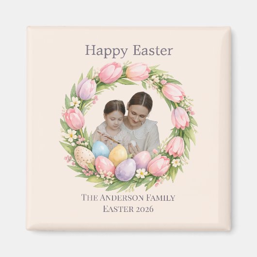 Floral Wreath & Family Photo Personalized Easter Magneet (Voorkant)