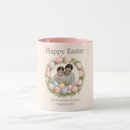 Floral Wreath & Family Photo Personalized Easter  Mok (Midden)