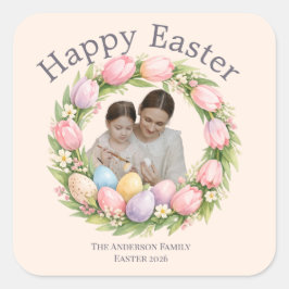 Floral Wreath & Family Photo Personalized Easter  Vierkante Sticker