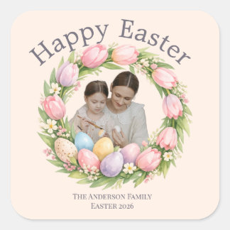 Floral Wreath & Family Photo Personalized Easter  Vierkante Sticker