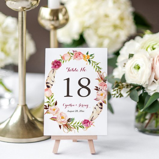 Floral Wreath Feather Boho Wedding Table Number Kaart