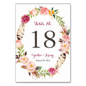 Floral Wreath Feather Boho Wedding Table Number Kaart (Voorkant)