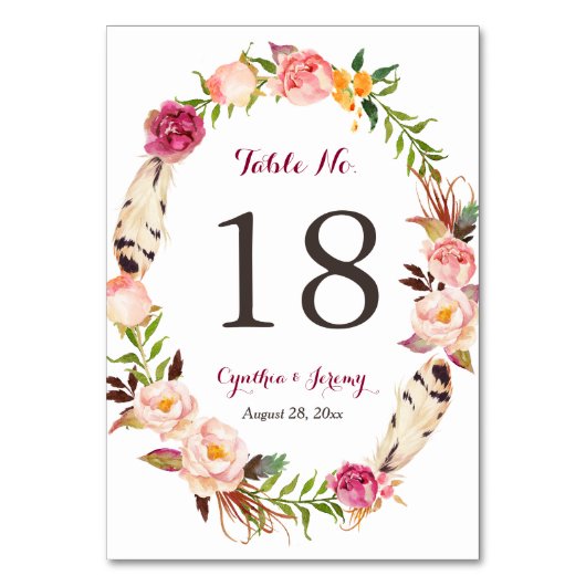 Floral Wreath Feather Boho Wedding Table Number Kaart (Voorkant)