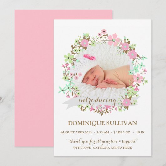  FLORAL WREATH FOTO BIRTH ANNOUNCTION AANKONDIGING (Voorkant / Achterkant)