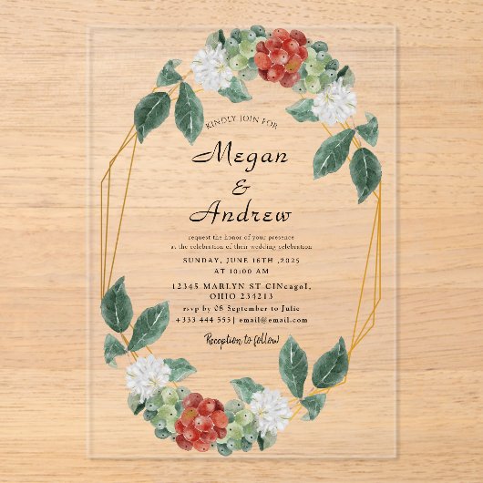 Floral Wreath & Geometric Frame Wedding Acrylic Acryl Uitnodigingen (Voorkant)