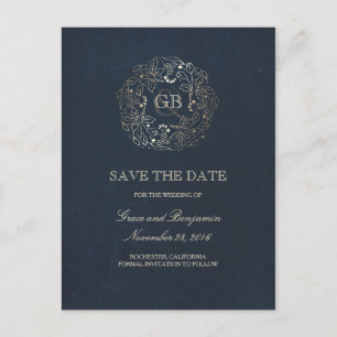 Floral Wreath Gold en Navy Save the Date Aankondigingskaart