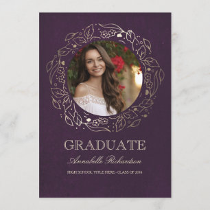 Floral Wreath Gold en Plum Foto Afstuderen Kaart