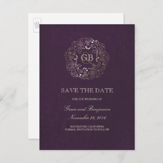 Floral Wreath Gold en Plum Save the Date Aankondigingskaart (Voorkant / Achterkant)