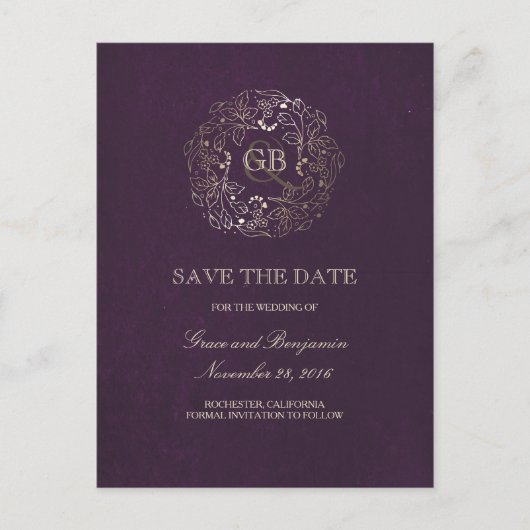 Floral Wreath Gold en Plum Save the Date Aankondigingskaart (Voorkant)