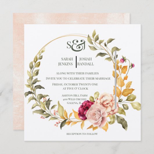 Floral Wreath ( goud ) Uitnodiging (Voorkant / Achterkant)