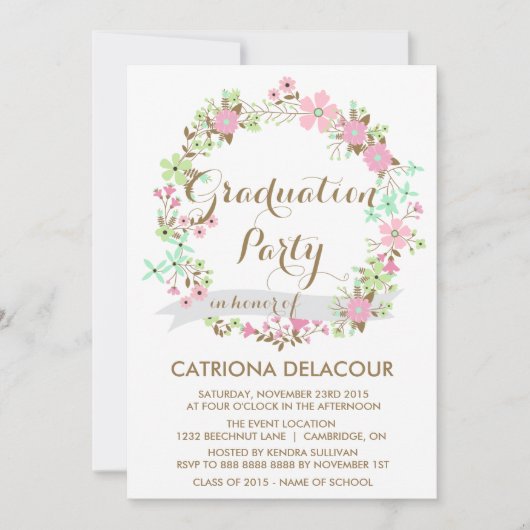 Floral Wreath Graduation Party Invitation Kaart (Voorkant)