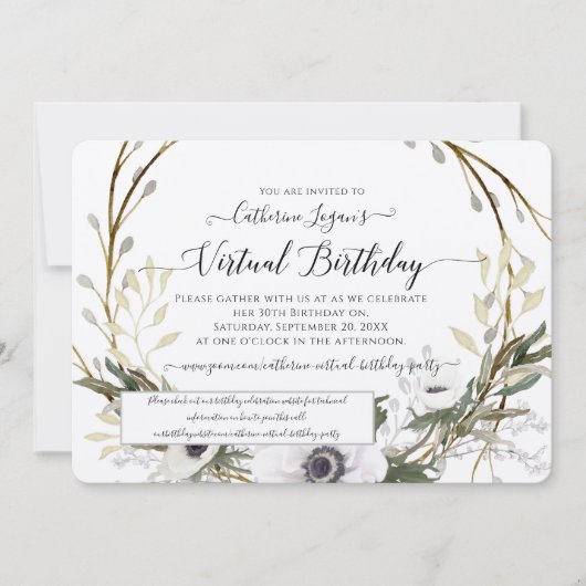 Floral Wreath Grey Blush Rustic Virtual Birthday Kaart (Voorkant)