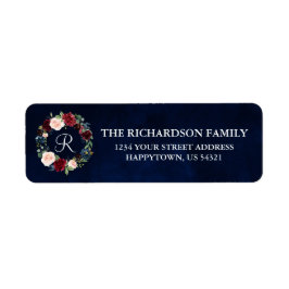 Floral Wreath Holiday Monogram Blauw adres Etiket