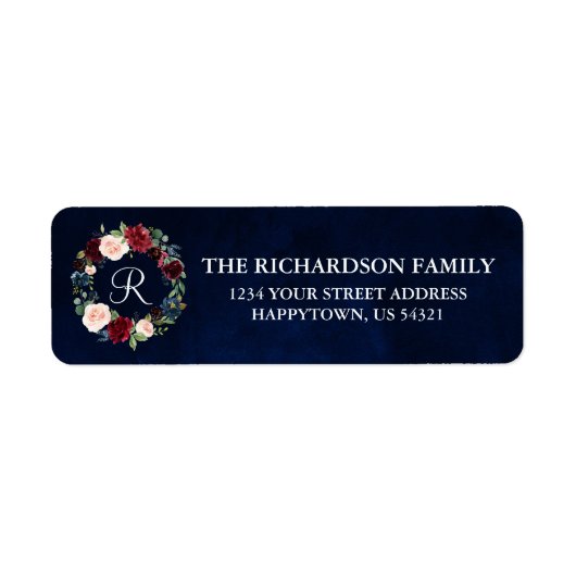 Floral Wreath Holiday Monogram Blauw adres Etiket (Voorkant)